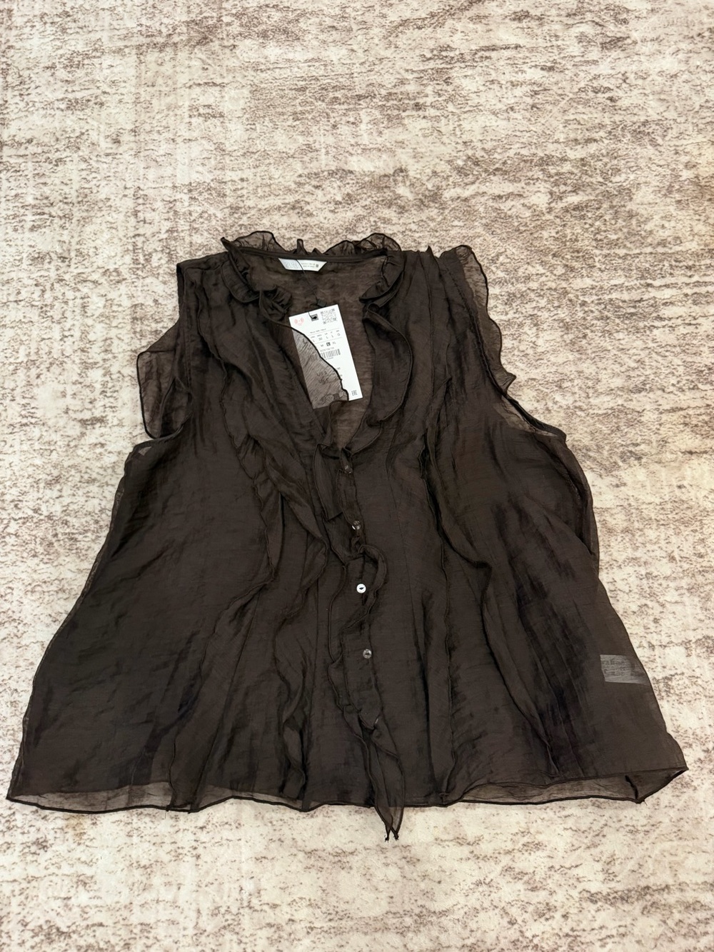 Zara Black Sheer Ruffle-Trim Button Front Blouse